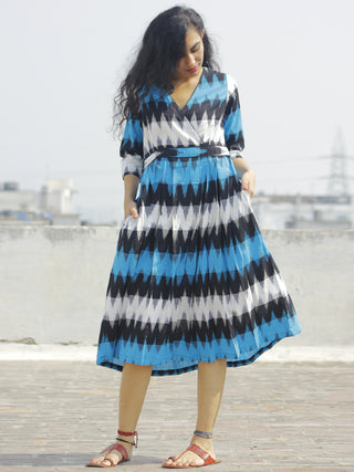 Blue Black Ivory Ikat Dress With Gathers & Side Pockets -  D118F931