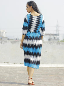 Blue Black Ivory Ikat Dress With Gathers & Side Pockets -  D118F931