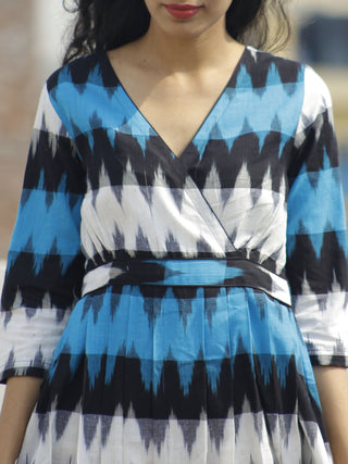 Blue Black Ivory Ikat Dress With Gathers & Side Pockets -  D118F931