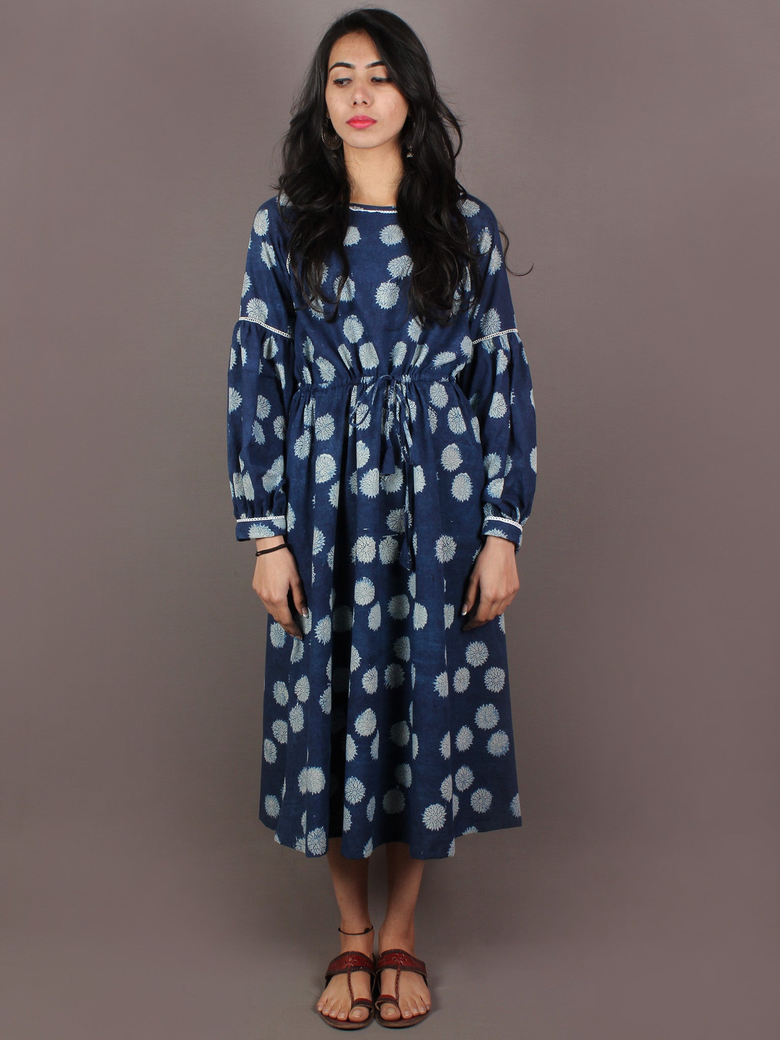 white christmas dresses Indigo White Hand Block Printed Kalamkari Cotton Long Dress With Tie U –  InduBindu