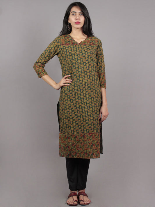Green Maroon Biege Ajrakh Block Printed Kurta With Side Slits  - K1167301