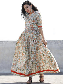 Ivory Green Orange Red Hand Block Printed Long Cotton Dress With Back Style  - D189F1059