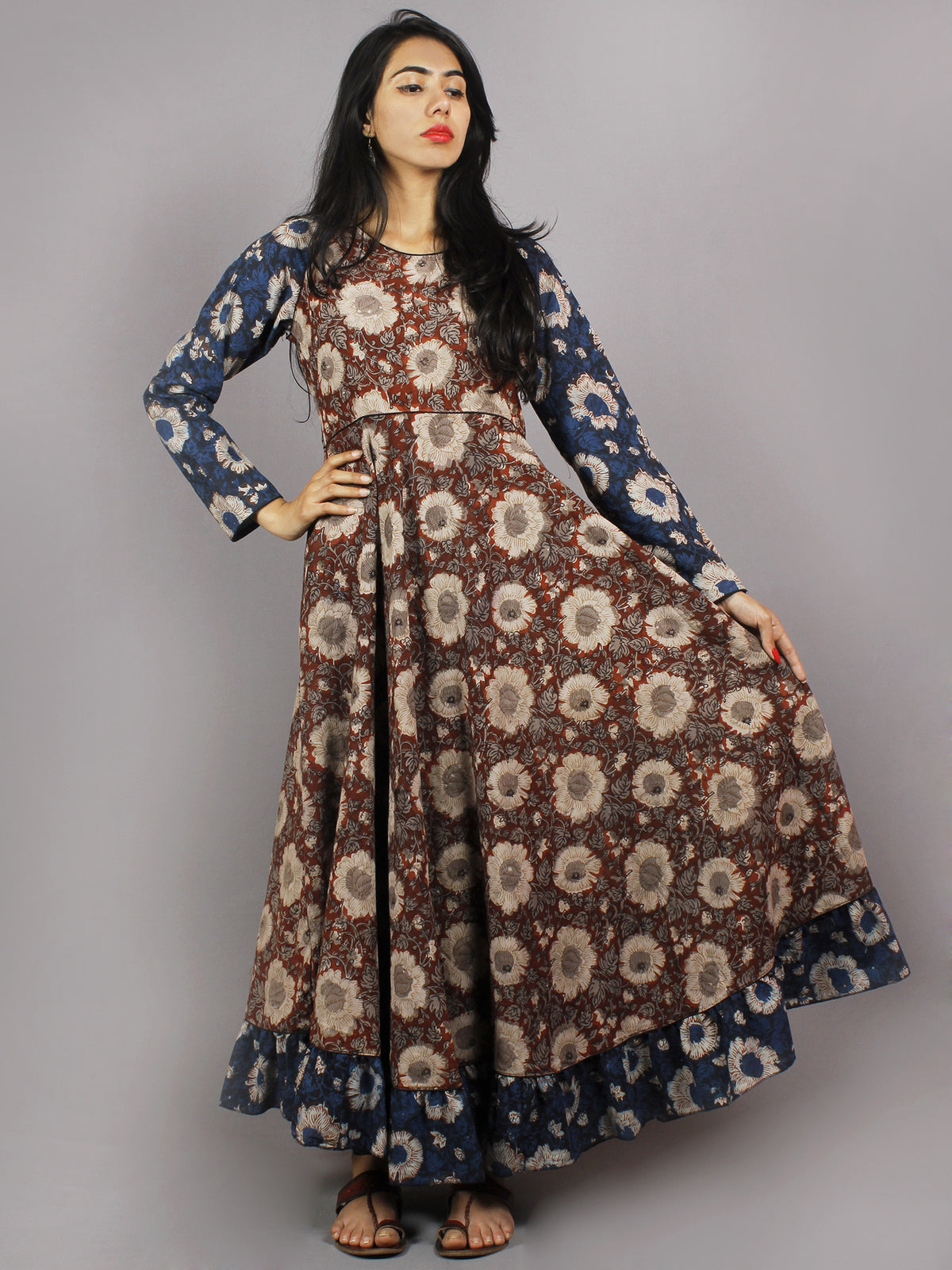 Indigo Maroon Grey Beige Hand Block Printed Long Cotton Dress With Gather - D0661017
