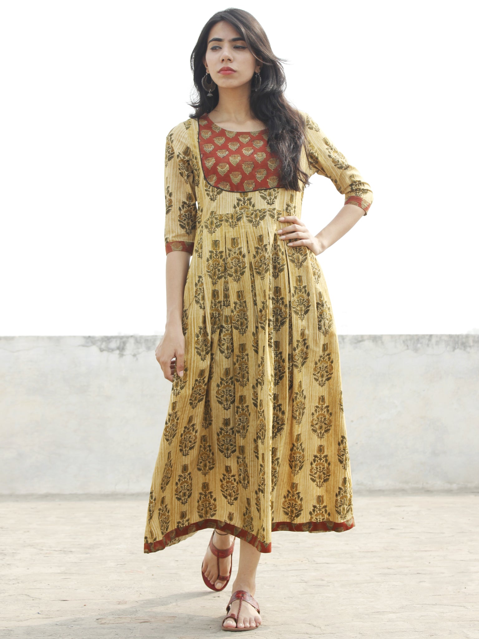 Olive Green Rust Mustard Black Pleated Hand Block Printed Cotton Midi InduBindu Olive Green Rust Mustard Black Pleated Hand Block Printed Cotton Midi InduBindu