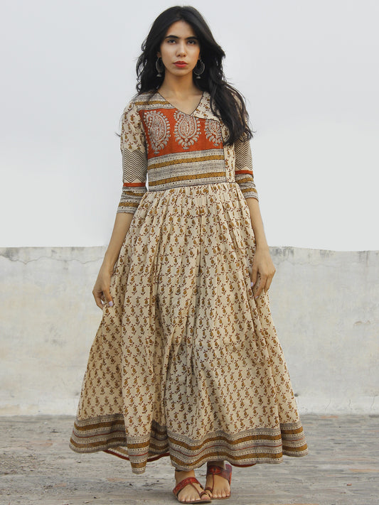 Naaz Block Charm - Hand Block Printed Angrakha Dress With Gathers -  DS11F003