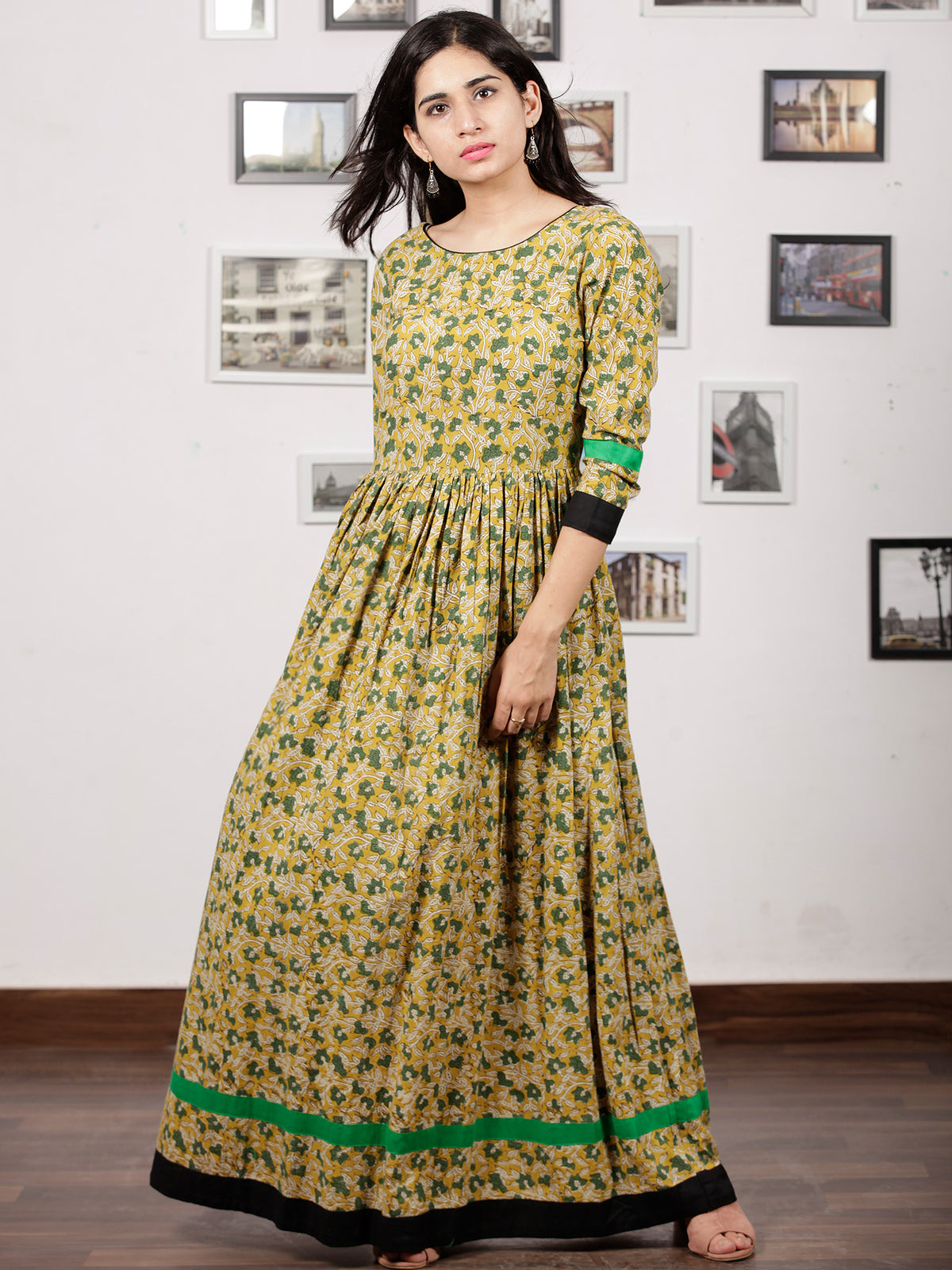 Mustard Green Ivory Hand Block Printed Long Dress With Back Details - D136F1132