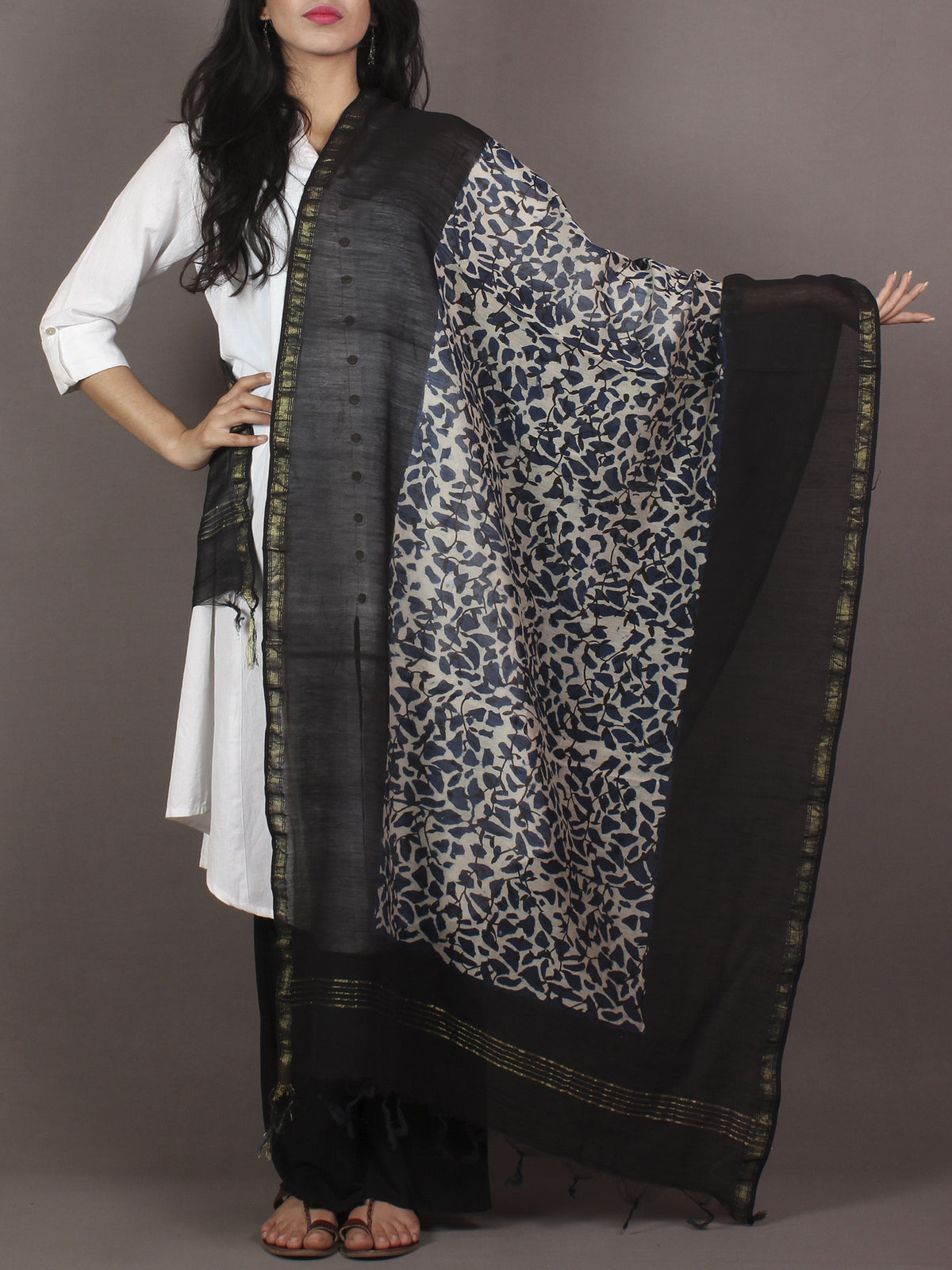 Indigo Ivory Black Chanderi Hand Black Printed Dupatta - D04170106