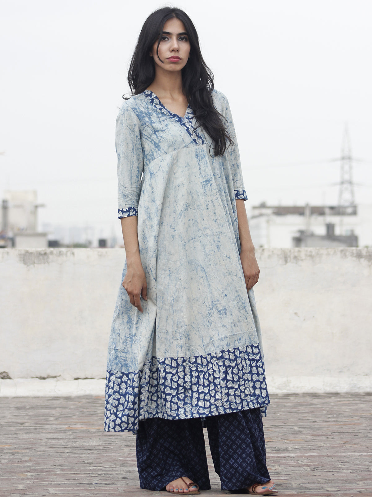 Light Blue Ivory Indigo Hand Block Printed Kurti With 3/4 Sleeve - K15F470