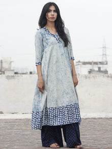 Light Blue Ivory Indigo Hand Block Printed Kurti With 3/4 Sleeve - K15F470