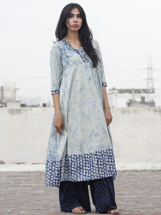 Light Blue Ivory Indigo Hand Block Printed Kurti With 3/4 Sleeve - K15F470