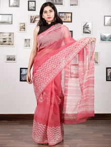 Pink White Hand Block Printed Kota Doria Saree in Natural Colors - S031703135