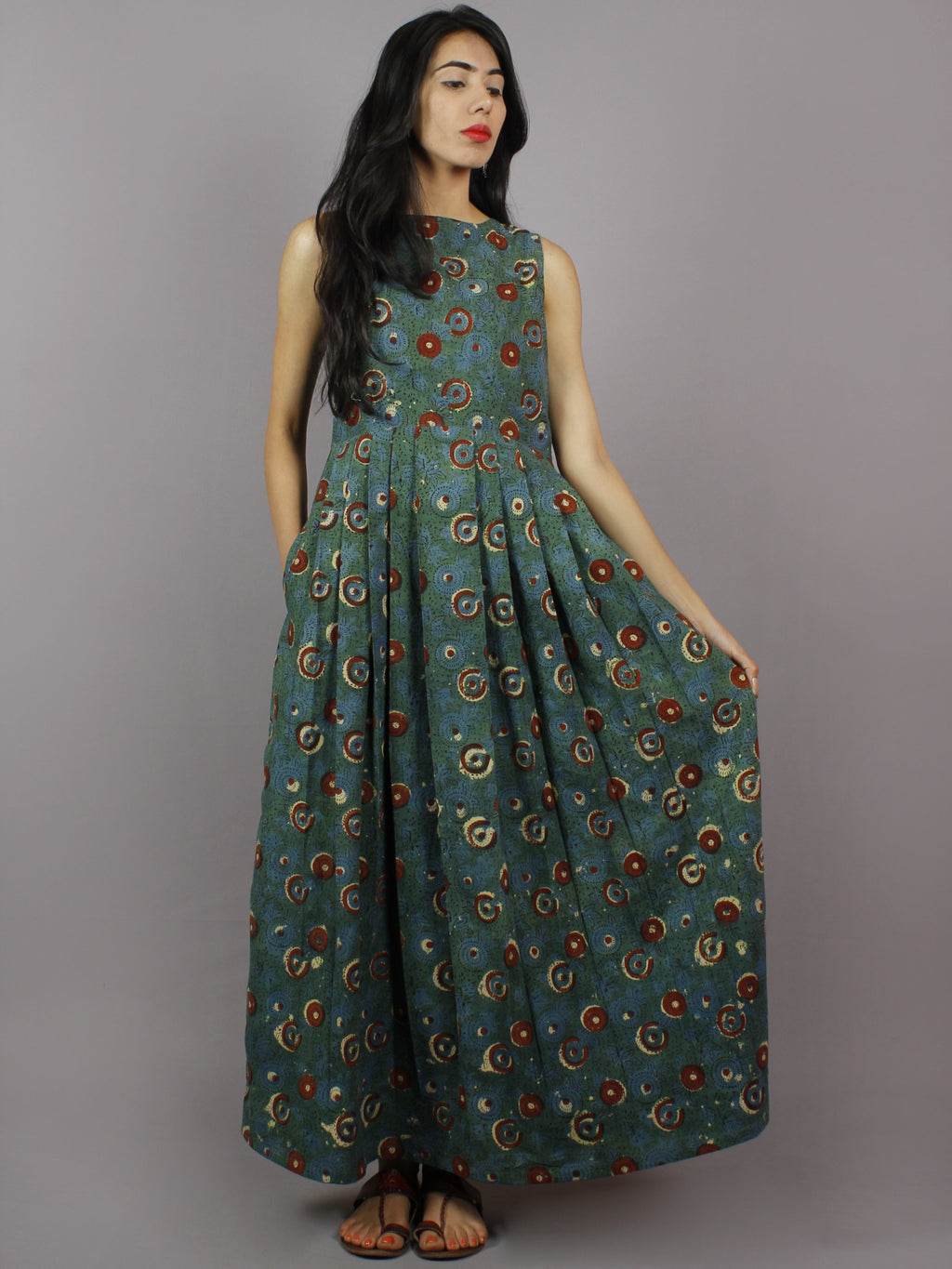 Long Sleeveless Hand Block Printed Cotton Dress With Knife Pleats & Side Pockets