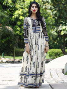 Naaz Ivory Indigo Black Hand Block Printed Long Cotton Dress with Gathers & Lining - DS06F002