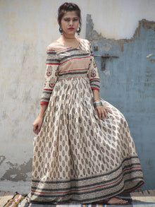 Naaz Ivory Maroon Grey Black Hand Block Printed Long Cotton Angrakha Dress with Gathers & Lining- DS11F001