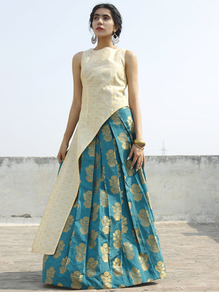 Ivory Teal Golden Asymmetrical Kurta With Box Pleated Skirt (Set of 2) - D123F001