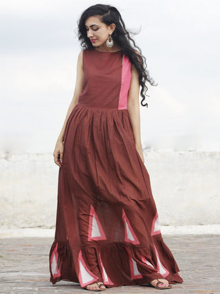 Naaz Zubeda - Chocolate Brown Peach White Hand Block Printed Full Length Tier Dress - DS30F001