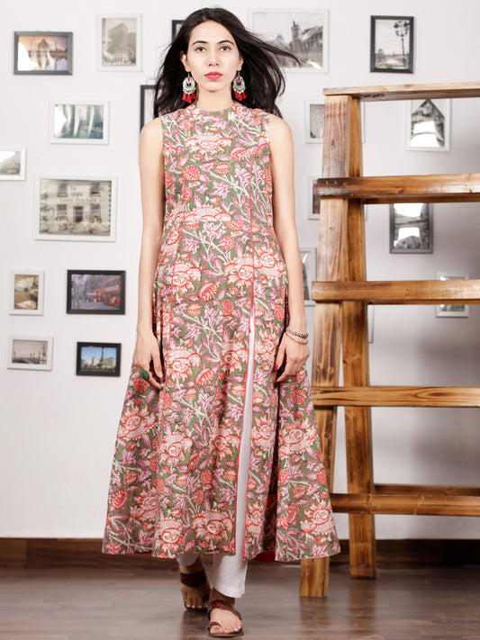 Green Orange Pink White Hand Block Printed Long Kurta With Front Slit - K95F1505