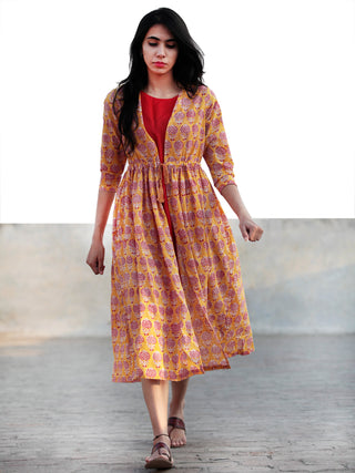 Yellow Red Ivory Hand Block Cotton Dress With Tie-Up Waist And Red Inner -  D85F782