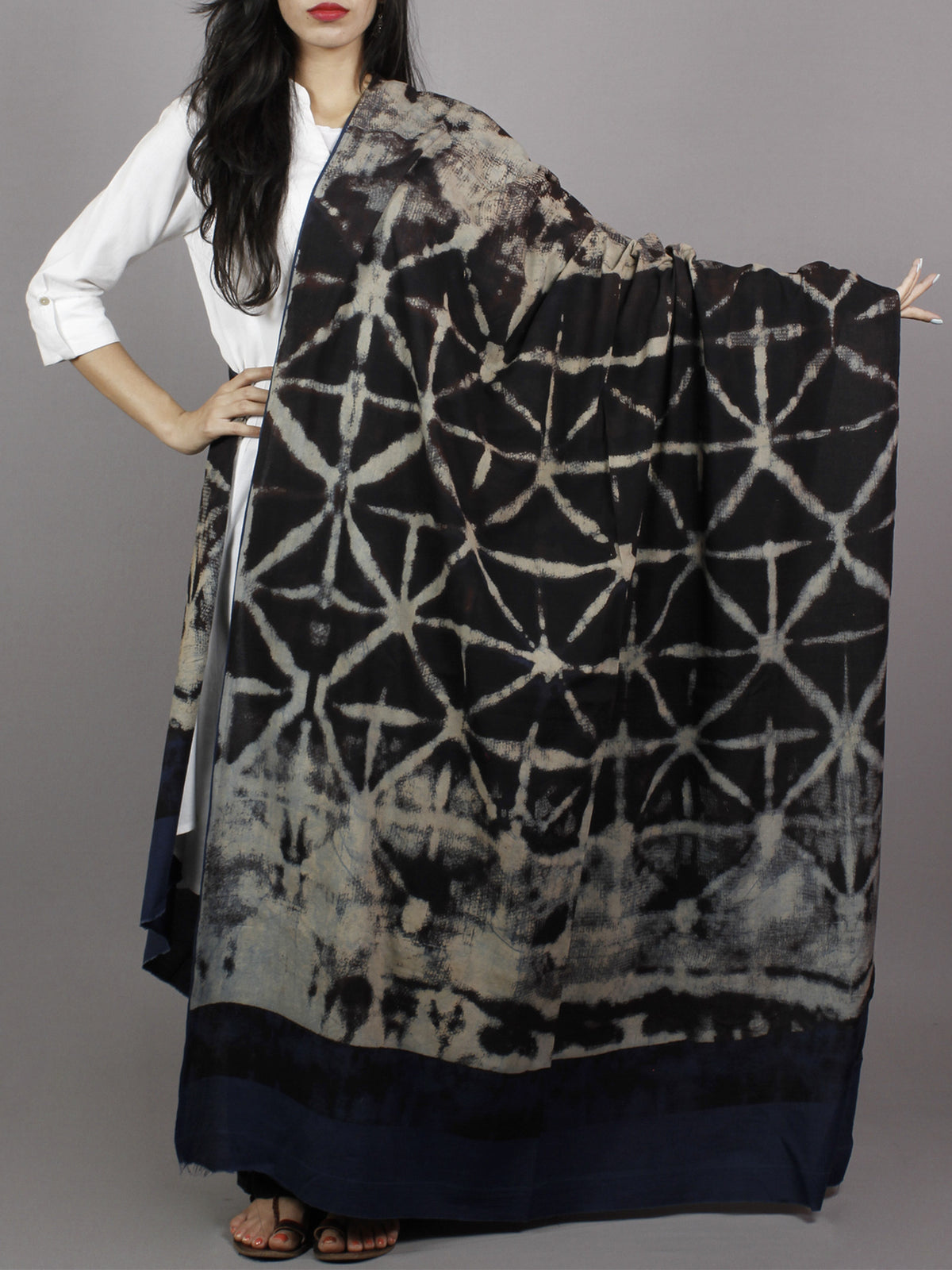 Black Beige Brown Indigo Mughal Nakashi Ajrakh Hand Block Printed Cotton Dupatta - D04170124