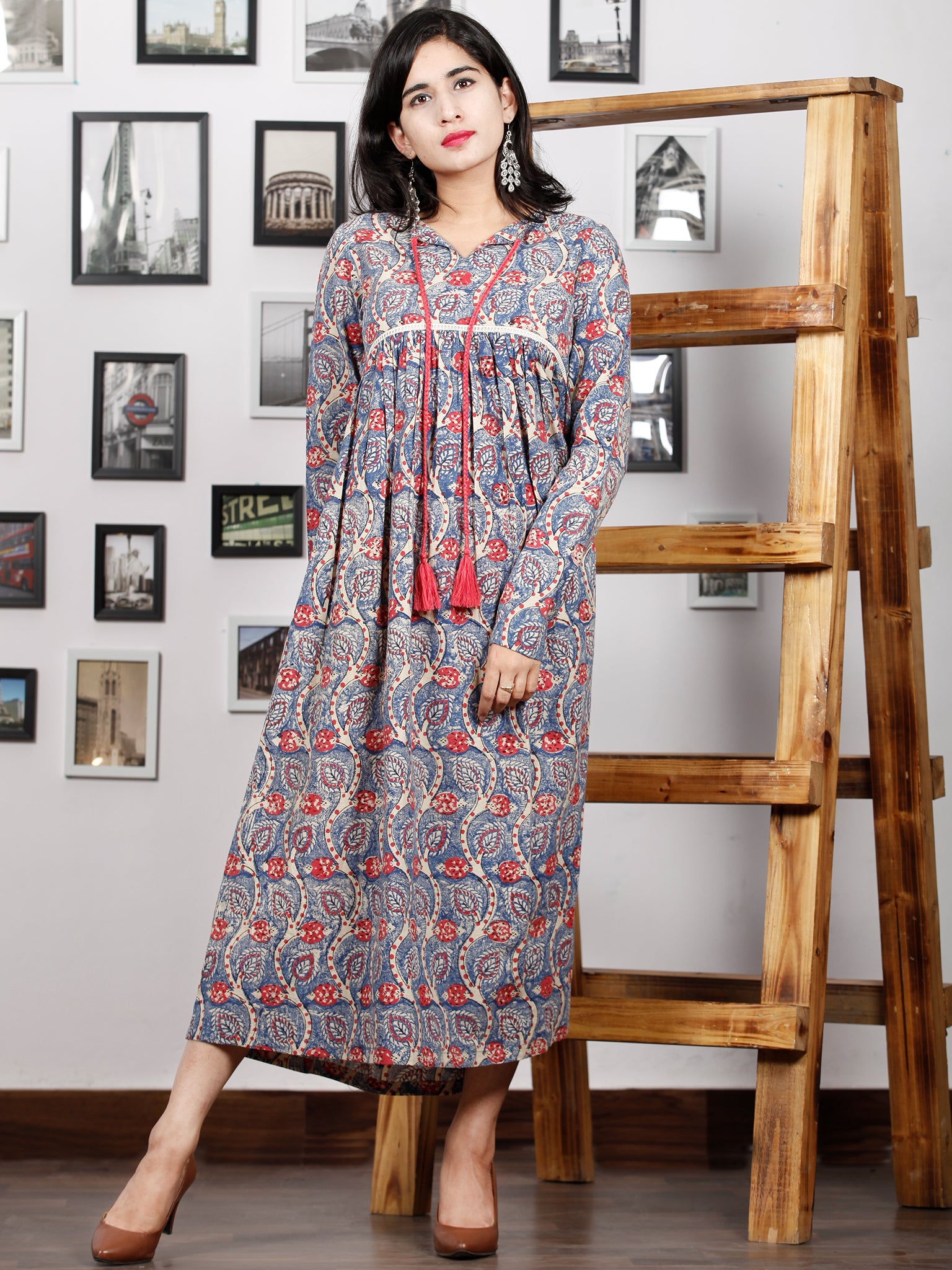 Indigo Beige Coral Hand Block Printed Cotton Dress With Full Sleeves - InduBindu Indigo Beige Coral Hand Block Printed Cotton Dress With Full Sleeves - InduBindu
