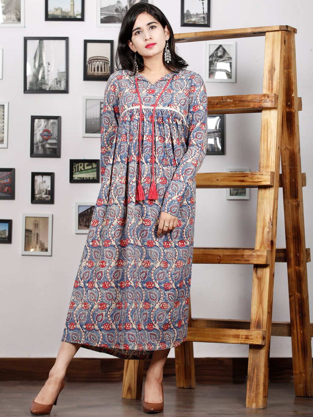 Brown Muslin Tiered And Flared Dress With Printed Designs And Hand  Embroidery at Soch