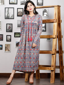 Indigo Beige Coral Hand Block Printed Cotton Dress With Full Sleeves - D270F1379