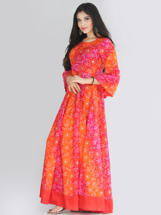 Maher - Pink Orange Bandhani Printed Urave Cut Long Mirror Work Dress  - D381F2238