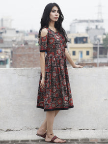 Black Maroon Brown Hand Block Printed Dress With Cold Shoulders And Tassels - D69F597