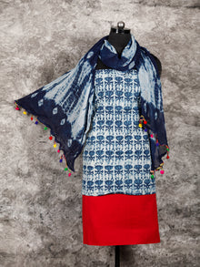 Indigo Ivory Red Hand Block Printed Cotton Suit-Salwar Fabric With Chiffon Dupatta (Set of 3) - SU01HB325