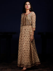 Naaz Ayana - Beige Rust Green Black Hand Block Printed Long Cotton Dress With Full Lining - DS60F001