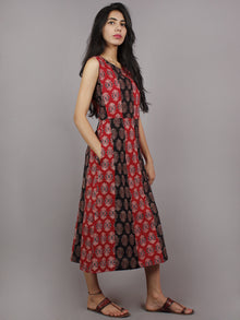 Red Black Maroon Beige Ajrakh Printed Cotton Sleeveless Dress With Side Pockets - D4562701