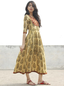 Olive Green Rust Mustard Black Pleated Hand Block Printed Cotton Midi Dress with Side Pockets   - D71F1079