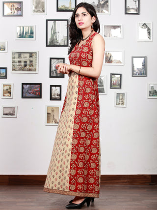 Beige Black Maroon Bagh Printed Cotton Panel Long Sleevless Dress  - D295F1706