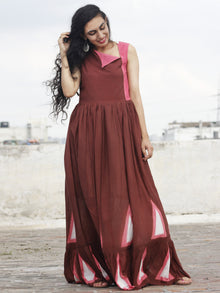 Naaz Zubeda - Chocolate Brown Peach White Hand Block Printed Full Length Tier Dress - DS30F001