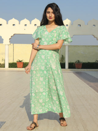 Wirda - Pastel Green Hand Block Printed Cotton Angrakha Dress With Ruffle Sleeves - D273F2128