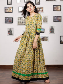 Mustard Green Ivory Hand Block Printed Long Dress With Back Details - D136F1132