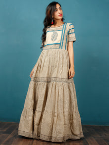Naaz Beige Black Teal Blue Hand Block Printed Long Cotton Tier Dress With Gathers -  DS51F001
