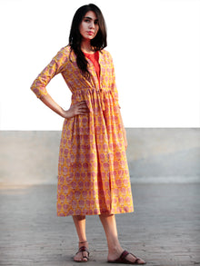 Yellow Red Ivory Hand Block Cotton Dress With Tie-Up Waist And Red Inner -  D85F782