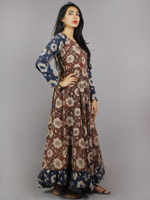Indigo Maroon Grey Beige Hand Block Printed Long Cotton Dress With Gather - D0661017