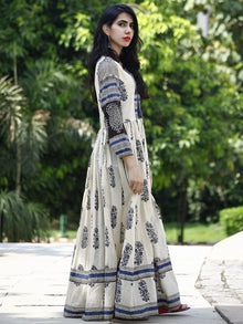 Naaz Ivory Indigo Black Hand Block Printed Long Cotton Dress with Gathers & Lining - DS06F002