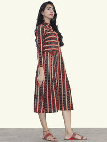 Black Red Mustard Ivory Hand Block Printed Cotton Dress With Stand Collar - D156F878