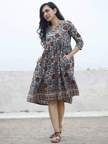Ivory Grey Rust Beige Black Hand Block Printed Cotton Dress With Gathers And Side Pockets  - D73F599