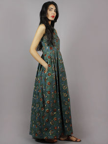 Long Sleeveless Hand Block Printed Cotton Dress With Knife Pleats & Side Pockets