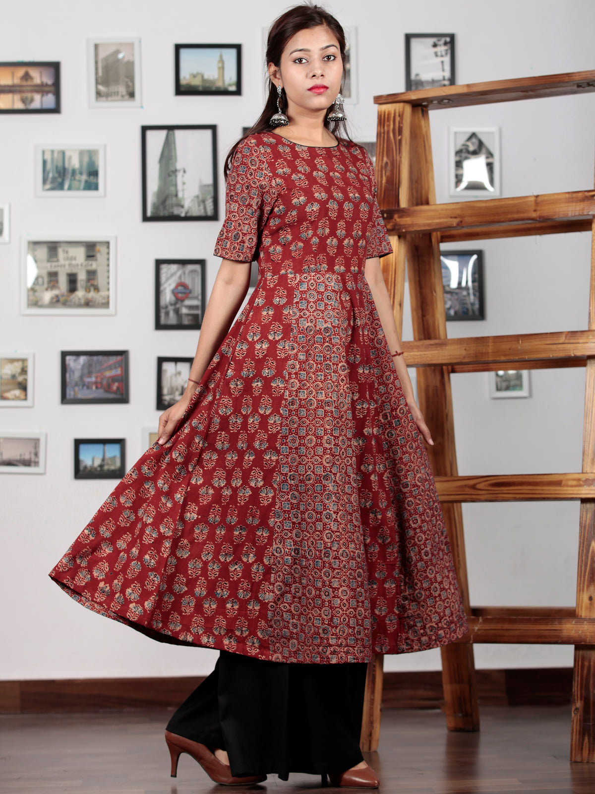 Red Beige Black Blue Ajrakh Hand Block Printed Kurta  - K64BP0128
