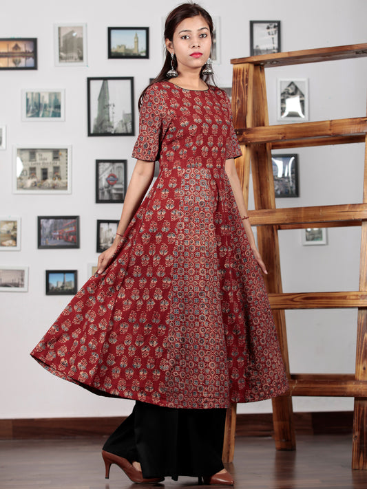 Red Beige Black Blue Ajrakh Hand Block Printed Kurta  - K64BP0128