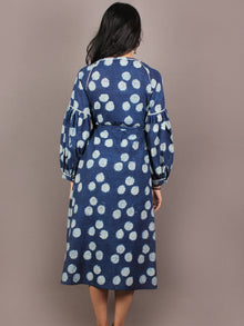 Indigo White Hand Block Printed Kalamkari Cotton Long Dress With Tie Up Waist - D1244901