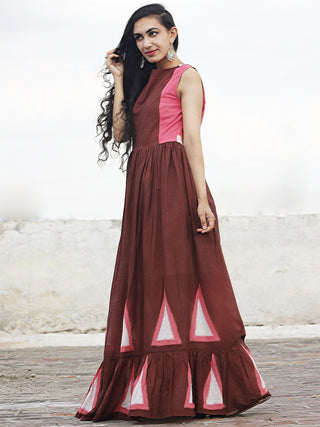Naaz Zubeda - Chocolate Brown Peach White Hand Block Printed Full Length Tier Dress - DS30F001