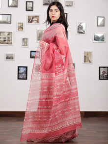 Pink White Hand Block Printed Kota Doria Saree in Natural Colors - S031703135