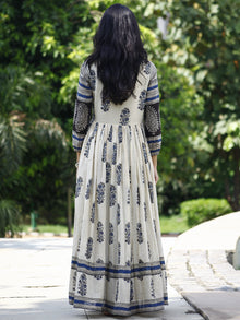 Naaz Ivory Indigo Black Hand Block Printed Long Cotton Dress with Gathers & Lining - DS06F002