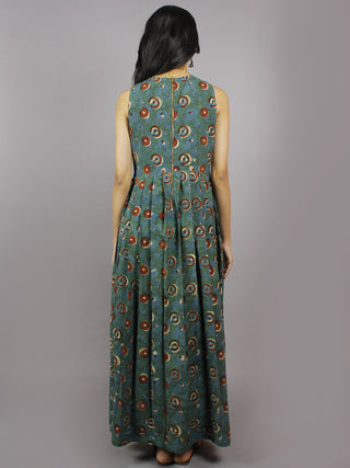 Long Sleeveless Hand Block Printed Cotton Dress With Knife Pleats & Side Pockets